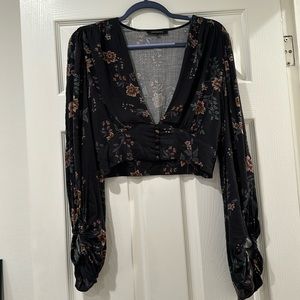 Balloon sleeve retro flare sleeve shirt v neck crop top flowers